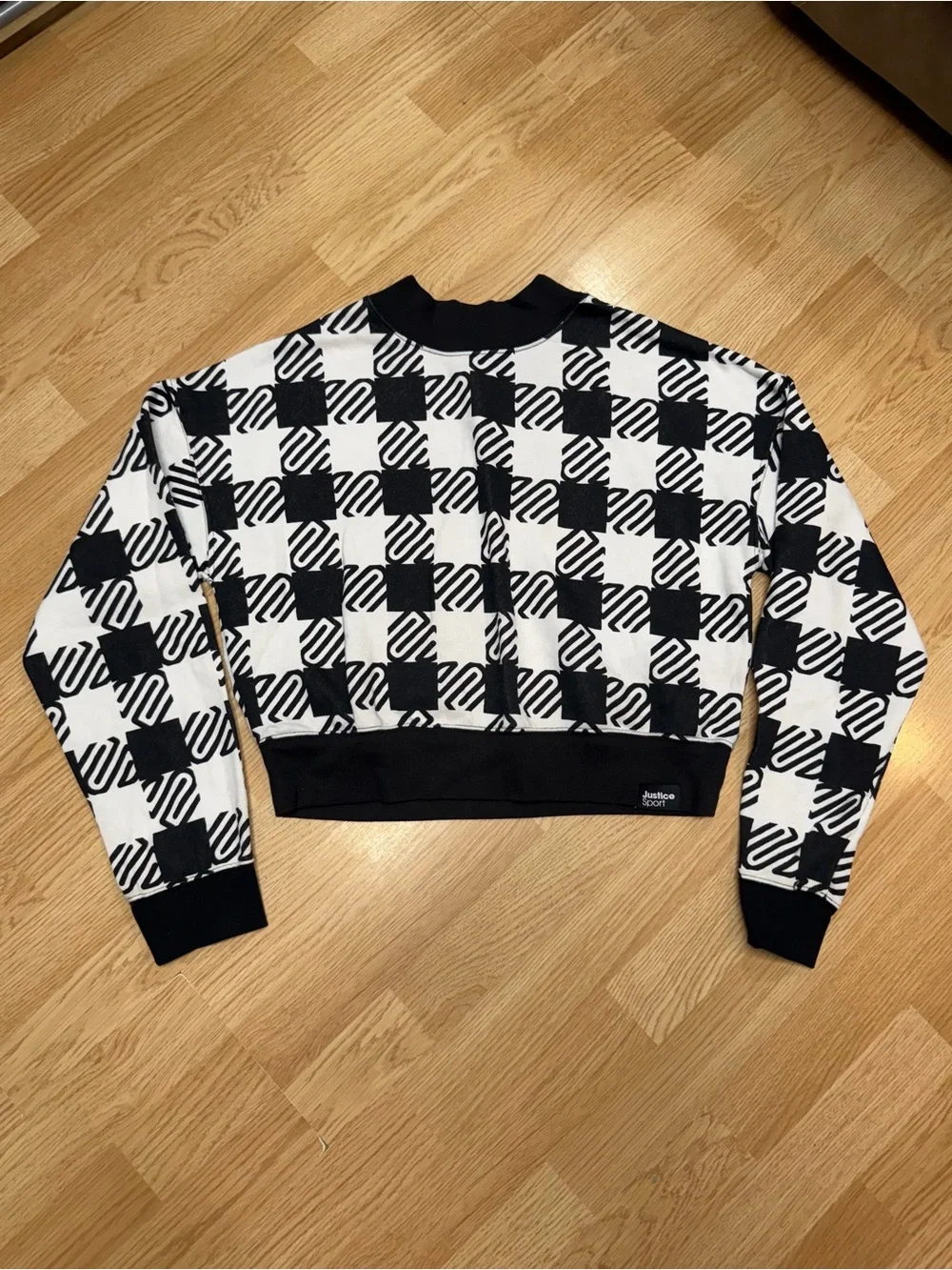 Justice Sport girls XL 16/18 black white checkered cropped sweatshirt pullover